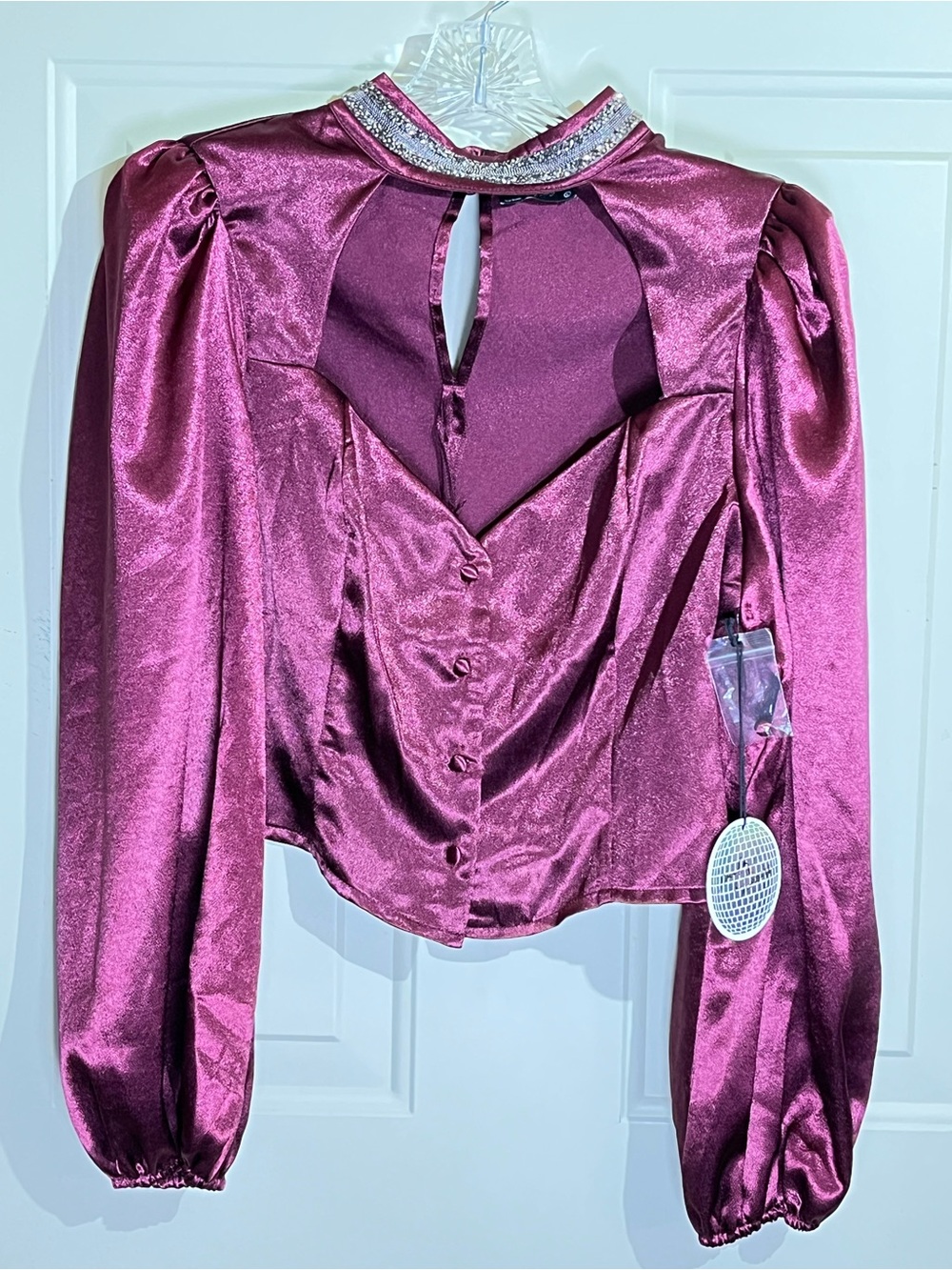 Plum Satin Puff-Sleeve Jewel Collar Blouse